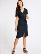 Marks & Spencer Linen Rich Short Sleeve Shift Midi Dress Navy
