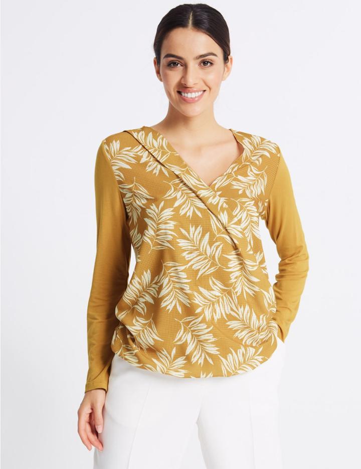 Marks & Spencer Printed V-neck Long Sleeve Top Ochre