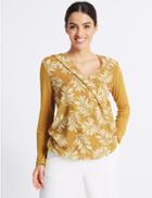 Marks & Spencer Printed V-neck Long Sleeve Top Ochre