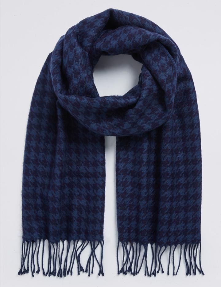 Marks & Spencer Wool Blend Wider Width Dogstooth Woven Scarf Navy Mix