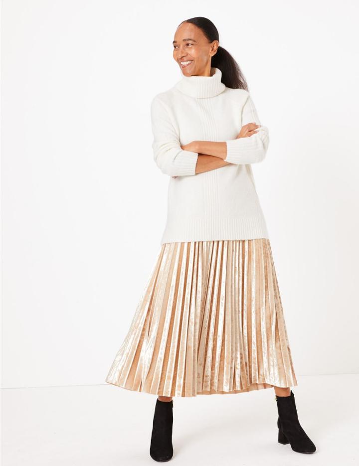 Marks & Spencer Velvet Pleated Midi Skirt Soft Pink