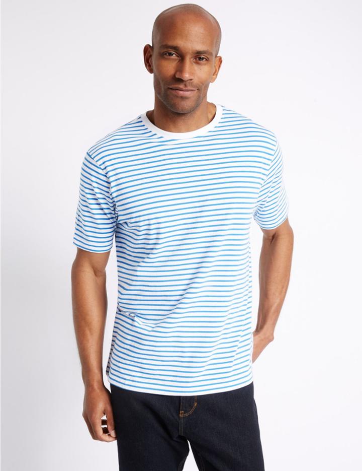 Marks & Spencer Pure Cotton Striped Crew Neck T-shirt White Mix