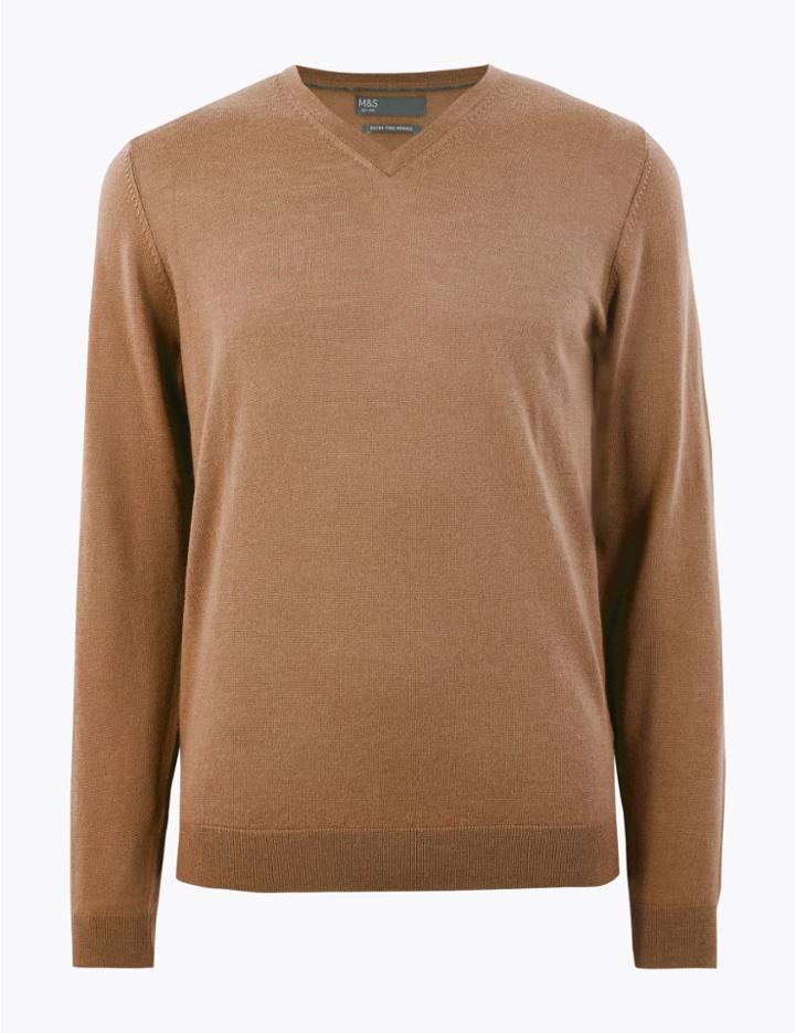 Marks & Spencer Extra Fine Merino V Neck Jumper Camel