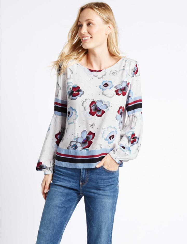 Marks & Spencer Floral Print Bubble Sleeve Blouse Ivory Mix