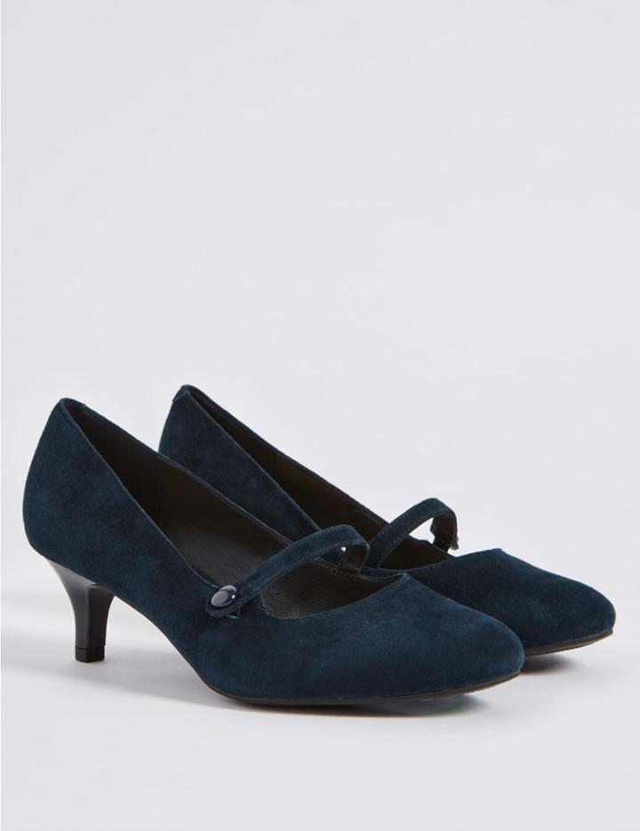 Marks & Spencer Wide Fit Suede Kitten Heel Court Shoes Navy