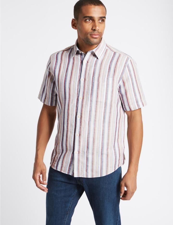 Marks & Spencer Easy To Iron Linen Rich Shirt With Pocket Putty Mix