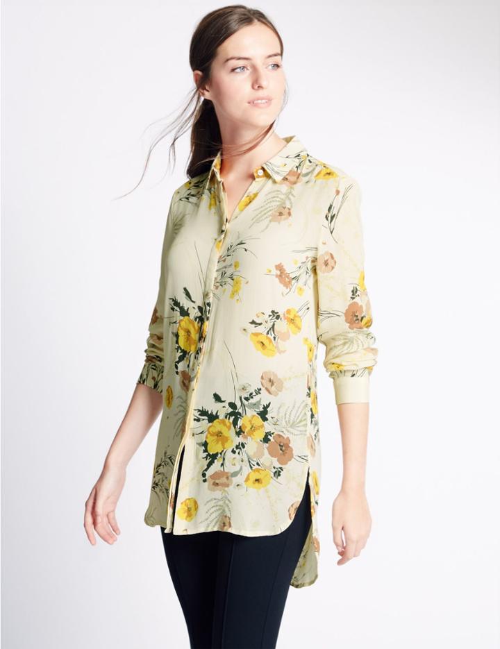 Marks & Spencer Floral Print Long Sleeve Shirt Ivory Mix
