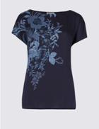 Marks & Spencer Floral Print Satin Front T-shirt Navy Mix