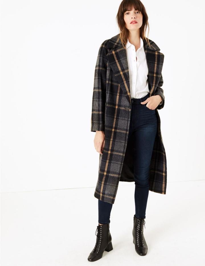 Marks & Spencer Checked Overcoat Grey Mix