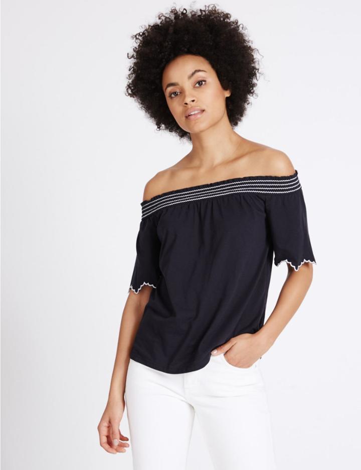 Marks & Spencer Cotton Blend Short Sleeve Bardot Top Navy