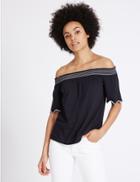 Marks & Spencer Cotton Blend Short Sleeve Bardot Top Navy