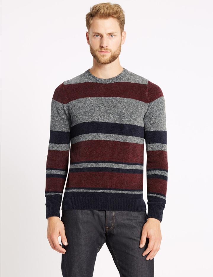 Marks & Spencer Cotton Blend Chenille Striped Jumper Wine Mix