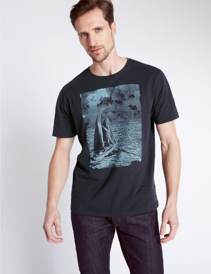 Marks & Spencer Pure Cotton Printed Crew Neck T-shirt Navy