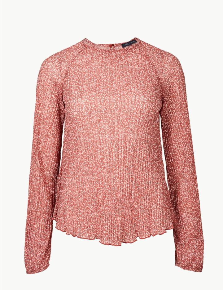 Marks & Spencer Floral Print Round Neck Long Sleeve Blouse Terracotta Mix