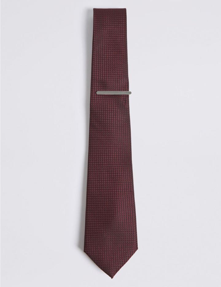 Marks & Spencer Textured Tie & Pin Set Burgundy