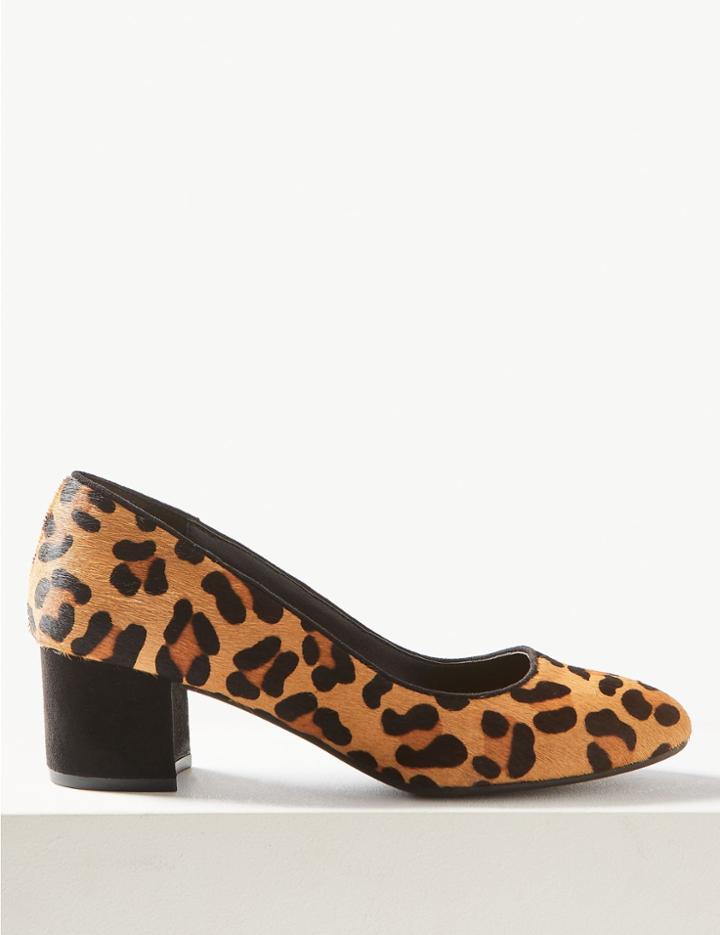 Marks & Spencer Leather Block Heel Court Shoes Brown Mix