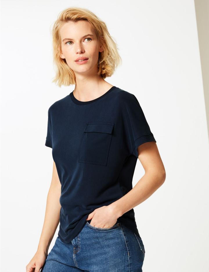 Marks & Spencer Front Pocket Round Neck Short Sleeve Top Navy