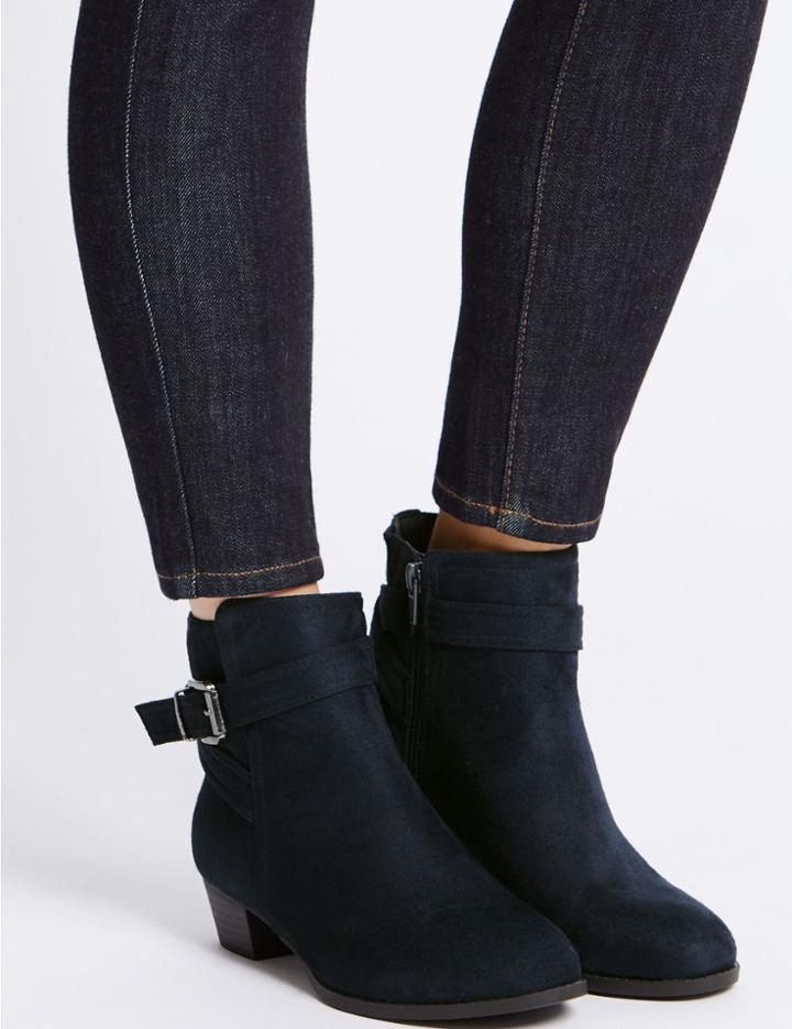 Marks & Spencer Wide Fit Block Heel Strap Ankle Boots Navy