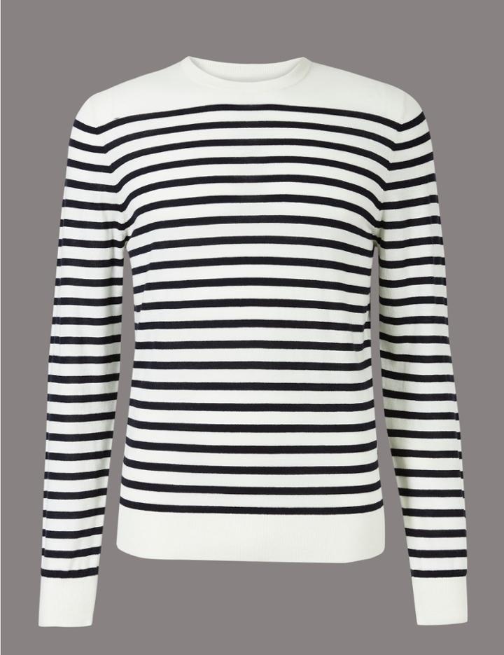 Marks & Spencer Merino Wool Rich Striped Slim Fit Jumpers Navy Mix