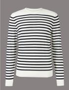 Marks & Spencer Merino Wool Rich Striped Slim Fit Jumpers Navy Mix