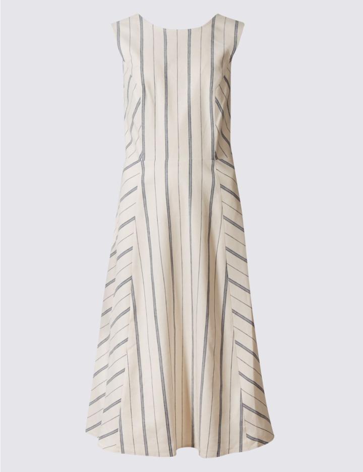 Marks & Spencer Linen Blend Striped Shift Dress Cream Mix
