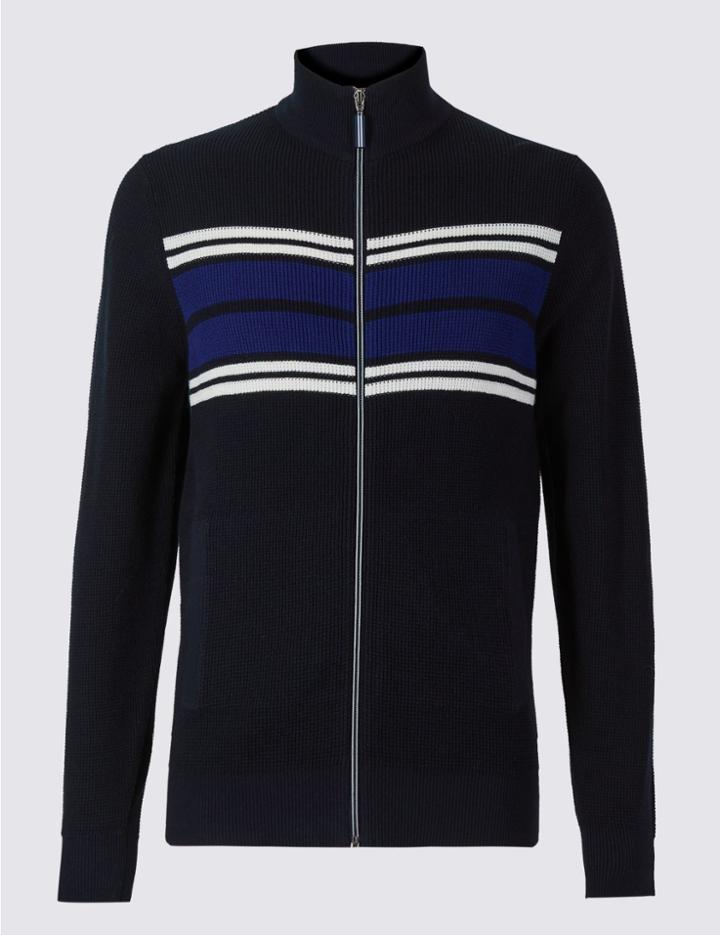 Marks & Spencer Pure Cotton Striped Zip Through Jumper Navy Mix