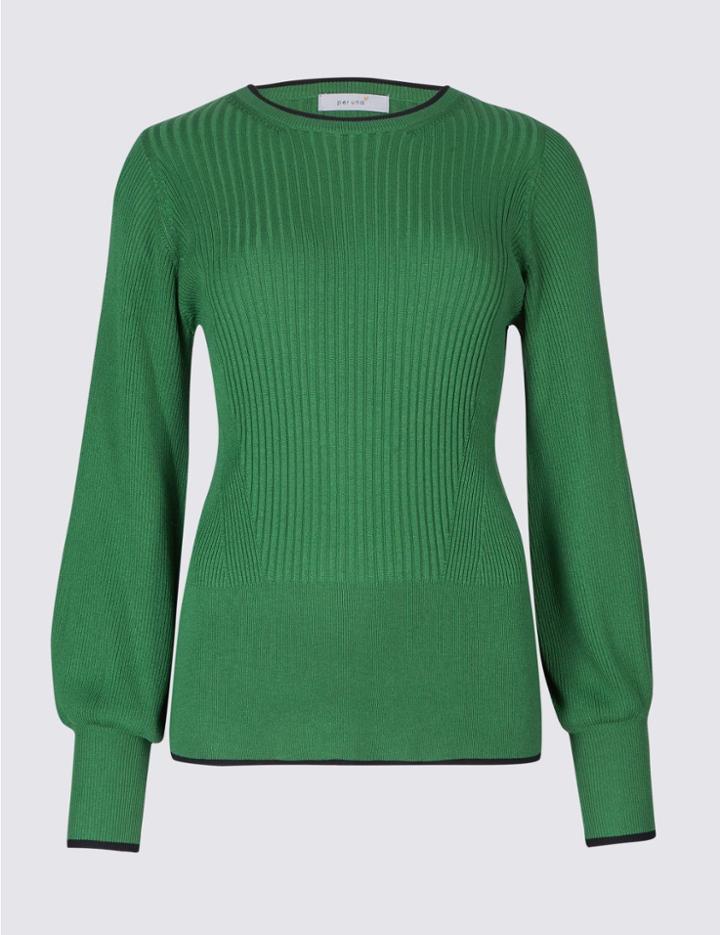Marks & Spencer Ribbed Bubble Sleeve Round Neck Jumper Evergreen