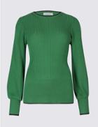 Marks & Spencer Ribbed Bubble Sleeve Round Neck Jumper Evergreen