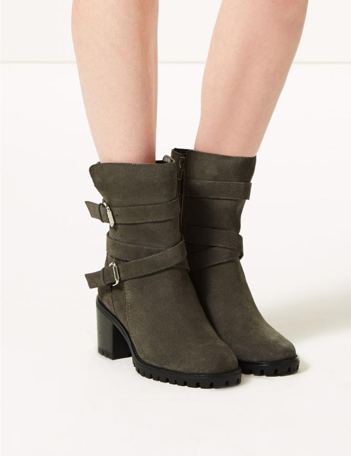 Marks & Spencer Leather Double Buckle Block Heel Ankle Boots Grey
