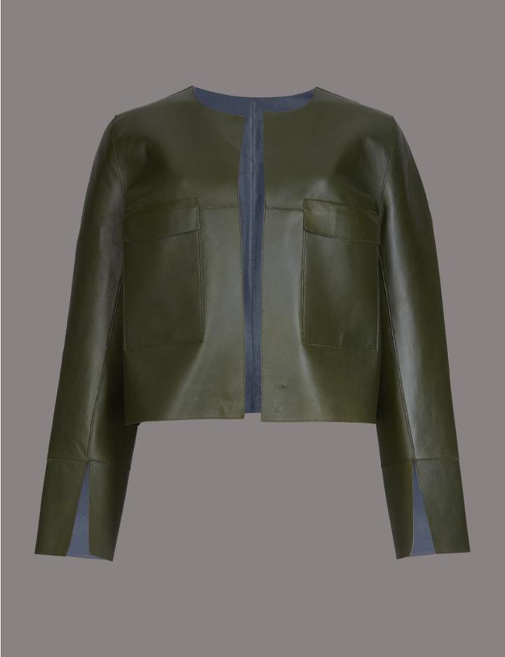 Marks & Spencer Cropped Leather Open Front Jacket Medium Khaki