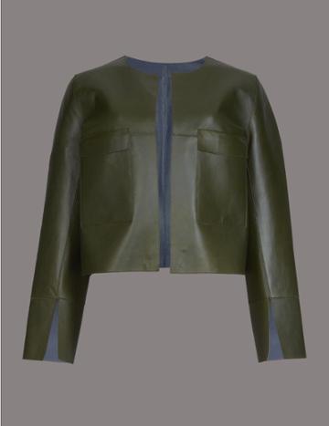 Marks & Spencer Cropped Leather Open Front Jacket Medium Khaki