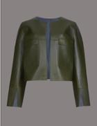 Marks & Spencer Cropped Leather Open Front Jacket Medium Khaki