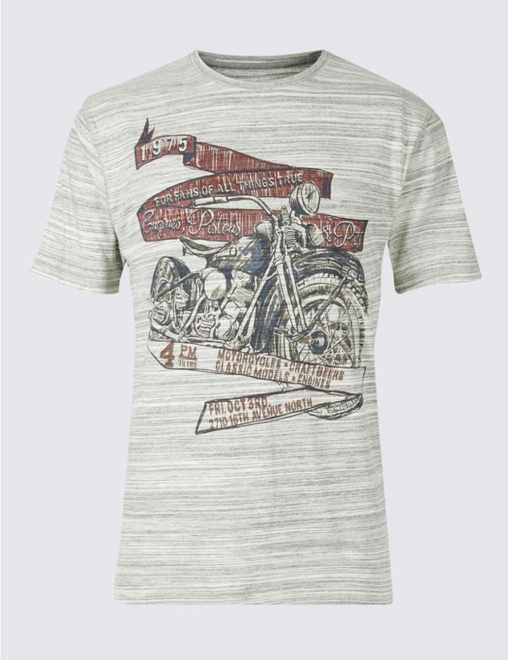 Marks & Spencer Cotton Rich Printed Crew Neck T-shirt Ecru Mix