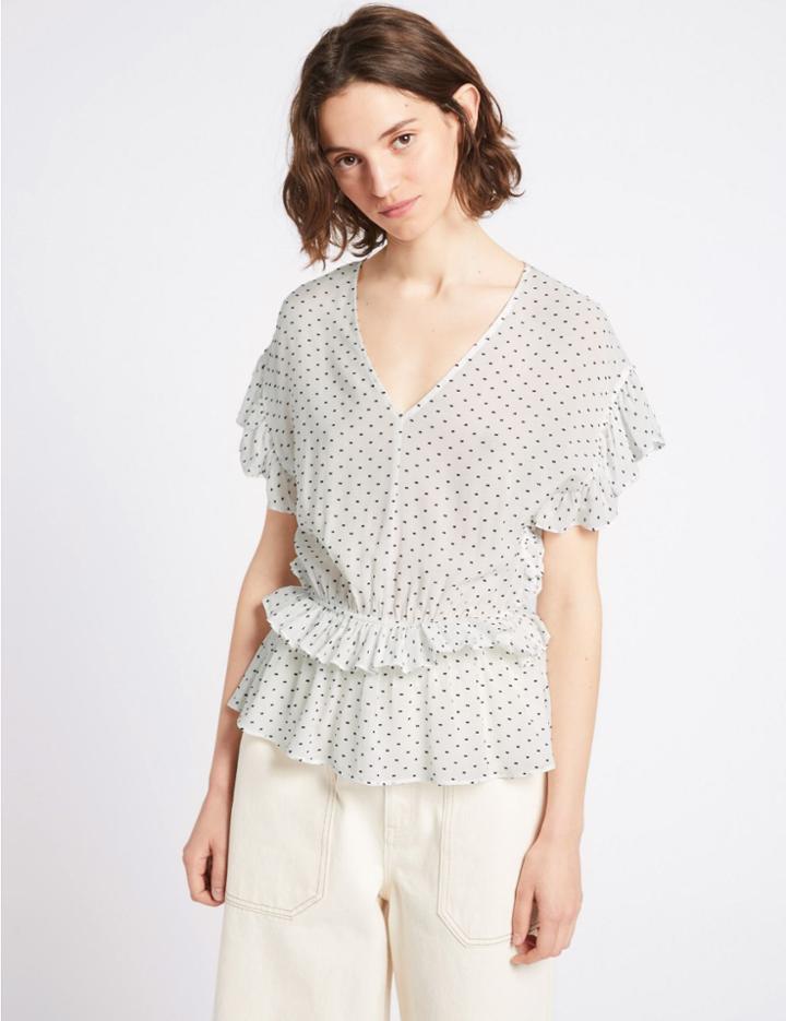 Marks & Spencer Spotted Dobby Round Neck Short Sleeve Blouse Ivory Mix