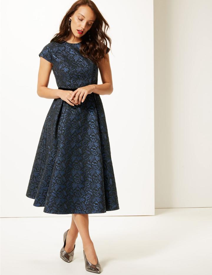 Marks & Spencer Floral Print Cap Sleeve Skater Midi Dress Navy Mix