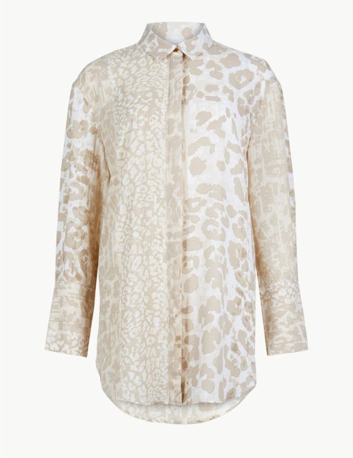 Marks & Spencer Animal Print Longline Long Sleeve Shirt Ivory Mix