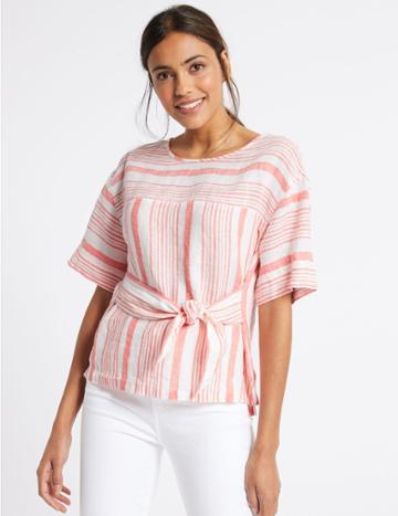Marks & Spencer Pure Linen Striped Tie Front Blouse Coral Mix