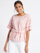 Marks & Spencer Pure Linen Striped Tie Front Blouse Coral Mix