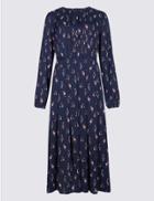 Marks & Spencer Satin Printed Long Sleeve Swing Midi Dress Navy Mix