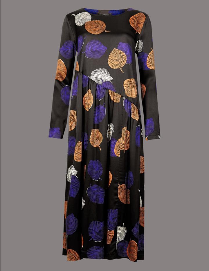 Marks & Spencer Printed Long Sleeve Tea Midi Dress Purple Mix
