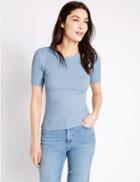 Marks & Spencer Ribbed Short Sleeve Jumper Fresh Blue