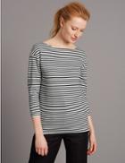 Marks & Spencer Striped Slash Neck 3/4 Sleeve Jersey Top Ivory Mix