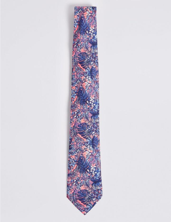Marks & Spencer Pure Silk Tropical Leaf Print Tie Coral Mix