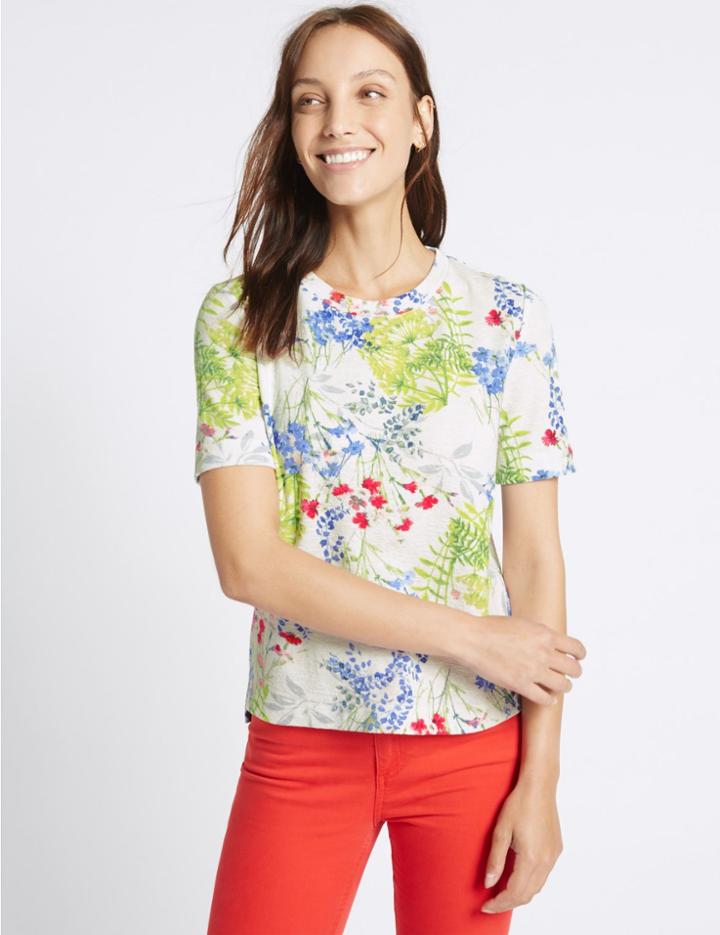 Marks & Spencer Floral Textured Short Sleeve Top Ivory Mix