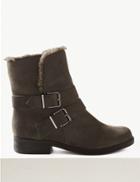 Marks & Spencer Suede Faux Fur Lined Buckle Detail Ankle Boots Grey