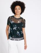 Marks & Spencer Floral Print Sheer Short Sleeve T-shirt Navy Mix