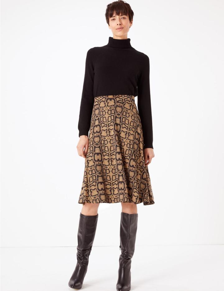 Marks & Spencer Snake Print A-line Midi Skirt Bronze Mix