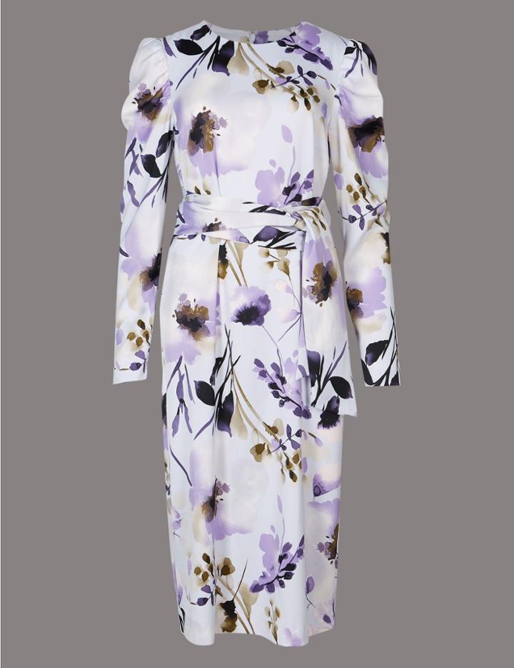 Marks & Spencer Floral Print Belted Tunic Midi Dress Ivory Mix
