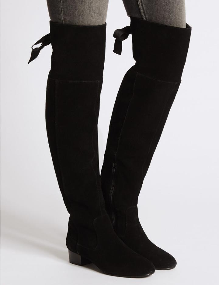 Marks & Spencer Leather Block Heel Over The Knee Boots Black Mix