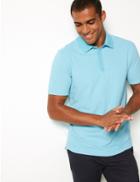 Marks & Spencer Cotton Rich Striped Polo Shirt Teal